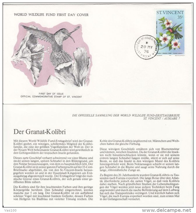 BIRDS, PURPLE THROATED CARIB, WWF- WORLD WILDLIFE FUND, COVER FDC WITH ANIMAL DESCRIPTION SHEET, 1976, ST VINCENT - Kolibries