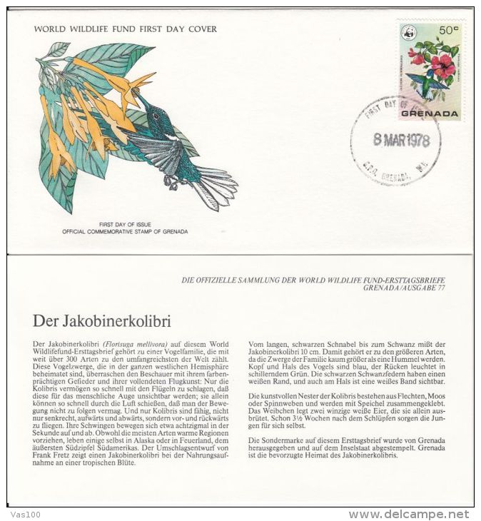 BIRDS, JACOBIN HUMMINGBIRD, WWF- WORLD WILDLIFE FUND, COVER FDC WITH ANIMAL DESCRIPTION SHEET, 1978, GRENADA - Hummingbirds