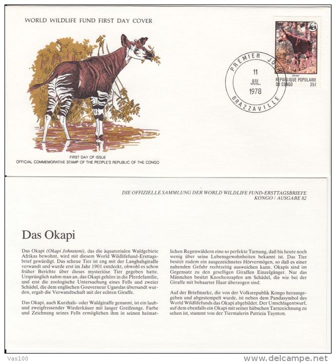 OKAPI, FOREST GIRAFFE, WWF- WORLD WILDLIFE FUND, COVER FDC WITH ANIMAL DESCRIPTION SHEET, 1978, CONGO - Giraffes