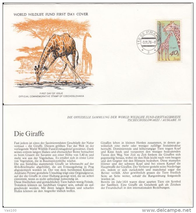 GIRAFFE, WWF- WORLD WILDLIFE FUND, COVER FDC WITH ANIMAL DESCRIPTION SHEET, 1976, CZECHOSLOVAKIA - Giraffes