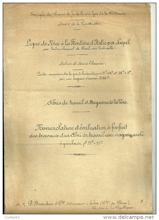 06 NICE L ESCARENE SOSPEL BREIL VINTIMILLE CHEMIN DE FER TRAIN PARIS LYON TRAIN GARE PLM PLANS DOCUMENTS - Collections