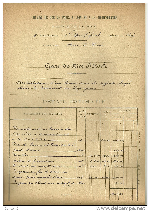 06 NICE L ESCARENE SOSPEL BREIL VINTIMILLE CHEMIN DE FER TRAIN PARIS LYON TRAIN GARE PLM PLANS DOCUMENTS - Collections