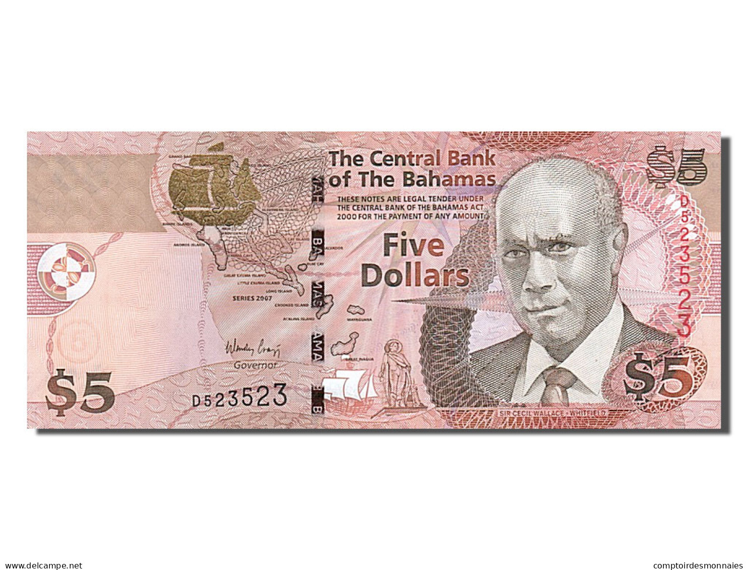 Billet, Bahamas, 5 Dollars, 2007, NEUF - Bahamas