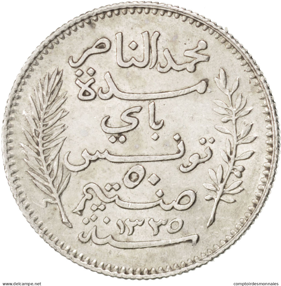 Monnaie, Tunisie, Muhammad Al-Nasir Bey, 50 Centimes, 1917, Paris, SUP, Argent - Túnez