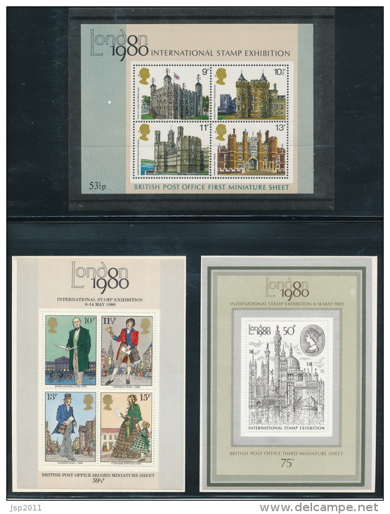 United Kingdom, 1980. Stamp Expo London 1980. Set Of The 3 First Minisheets  In Britain, MNH (**) - Blocks & Miniature Sheets