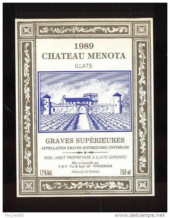 Etiquette De Vin  -  Chateau Ménota  -  Graves Supérieures  -  1989 - Bordeaux