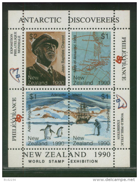 NEW ZEALAND 1990 ANTACTIC DISCOVERIES PHILEXFRANCE WORLD STAMP EXPO CINDERELLA SHEETLET CHARCOT MAP PENGUINS SHIP P - Spedizioni Antartiche