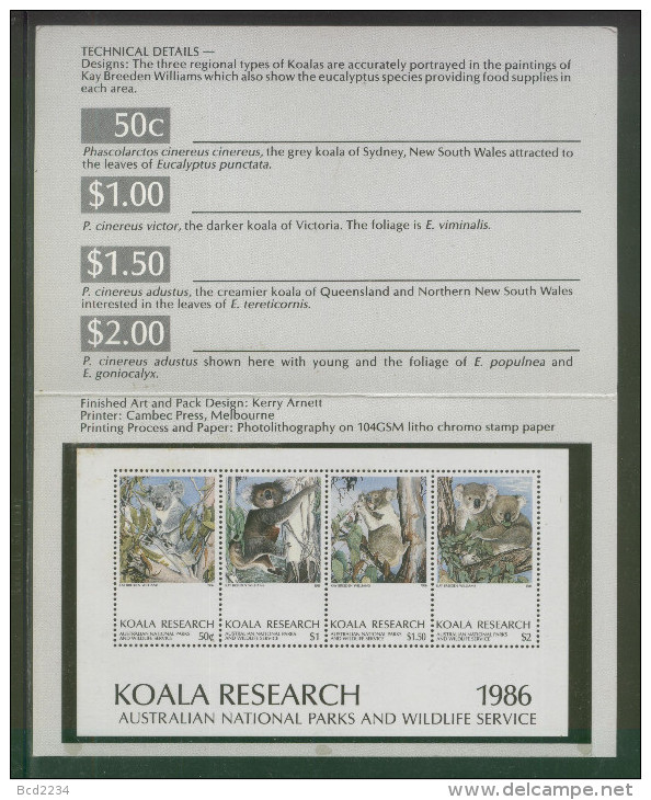 AUSTRALIA 1986 NATIONAL PARKS & WILDLIFE SERVICE KOALA RESEARCH SHEETLET PRESENTATION PACK CINDERELLA - Cinderelas