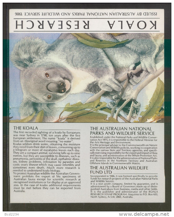 AUSTRALIA 1986 NATIONAL PARKS & WILDLIFE SERVICE KOALA RESEARCH SHEETLET PRESENTATION PACK CINDERELLA - Cinderellas