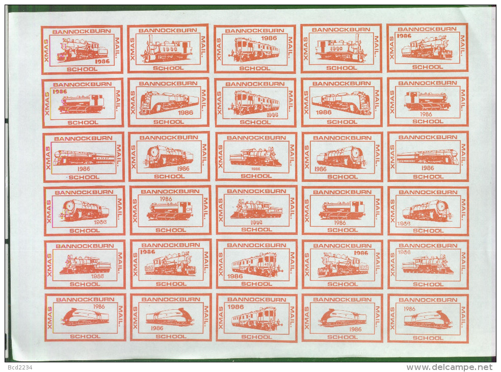 GB 1986 BANNOCKBURN SCHOOL XMAS MAIL IMPERF SHEET 25 PROOFS RED ON WHITE CINDERELLA TRAINS RAILWAY TRAIN LOCOMOTIVE - Cinderellas