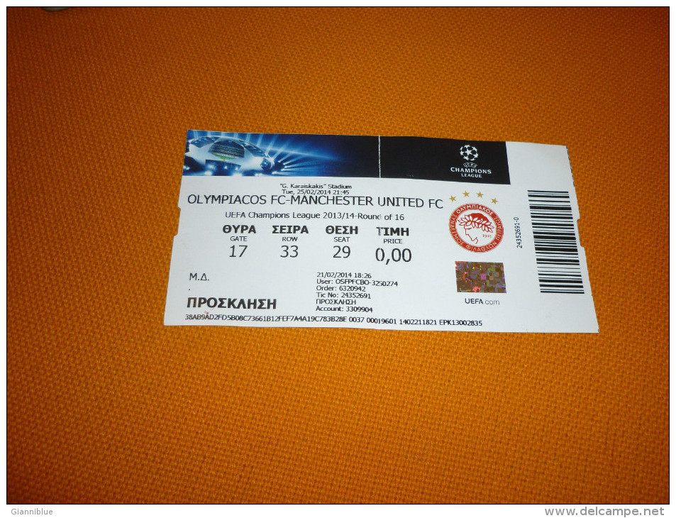 Olympiakos Olympiacos-Manchester United UEFA Champions League Football Match Ticket 25/2/2014 - Tickets D'entrée