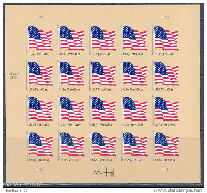 USA 2007 First Class American Flag Non Denominated  S-ad Dated 2007 Pane Of 20  $8.20 MNH SC 4130a YV 3902a MI 4204 BA S - Ganze Bögen