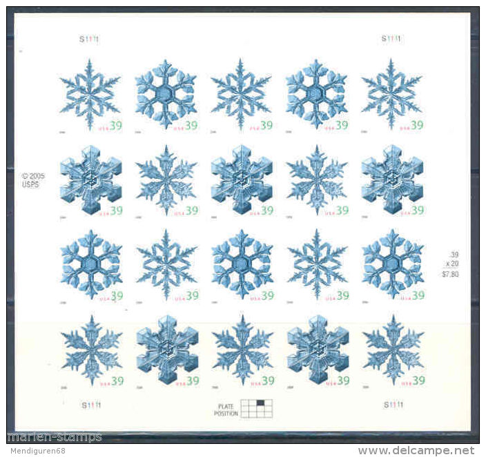 USA 2006 Snowflakes ATM Pane Of 20 X 39c MNH SC 4101-04 YV 3888-91 MI 4181-84BA SG 4663-66 - Hojas Completas