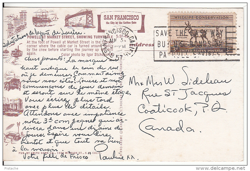 Original San Francisco Powell Market Street - Woolworth's- Turntable Cable Car - 2 Scans - Antelope Stamp & Postmark - San Francisco