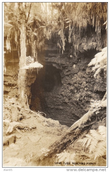 Hawaii Volcano Lava Tube Exterior View, C1910s Vintage Real Photo Postcard - Big Island Of Hawaii