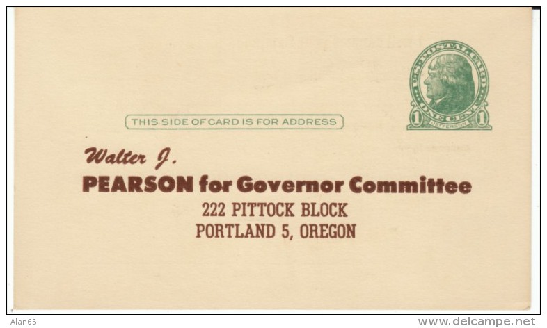 Oregon Politician, Walter J. Pearson For Governor Committee, Portland Office C1950 Vintage Postcard - Portland