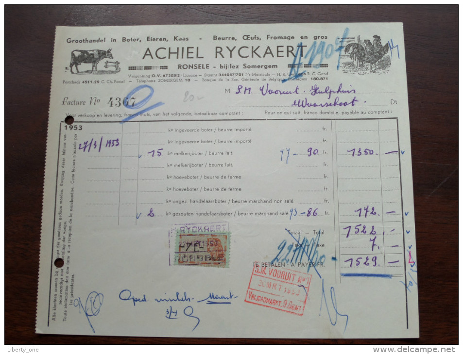 ACHIEL RYCKAERT Ronsele Bij Somergem Facture ( N° 4367 ) 1953 (?) + Tax Zegels à Waarschoot ( Zie Foto Voor Details )! - 1950 - ...