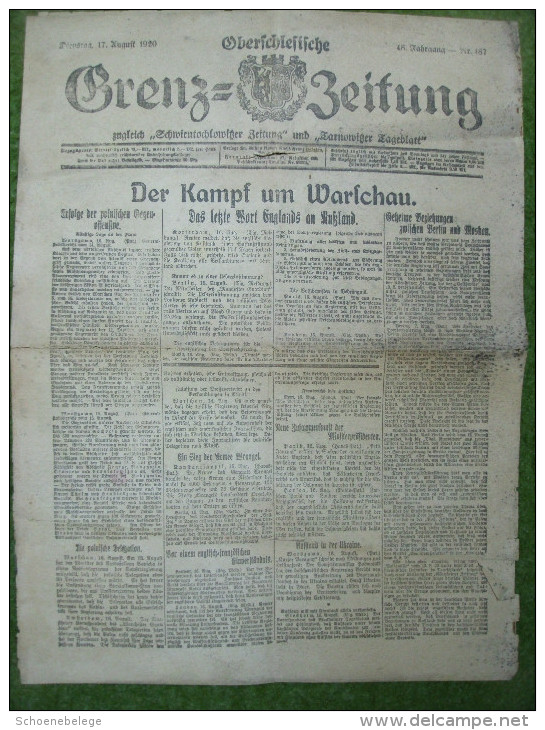 A2687) Oberschlesien Grenz-Zeitung 17.8.1920 Mit Interessanten Artikeln - Historische Dokumente