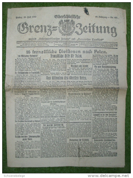 A2688) Oberschlesien Grenz-Zeitung 23.7.1920 Mit Interessanten Artikeln - Documenti Storici