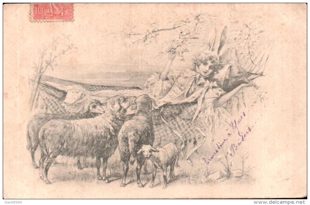 ILLUSTRATION BERGERE DANS UN HAMAC ET MOUTONS CIRCULEE 1905 - 1900-1949