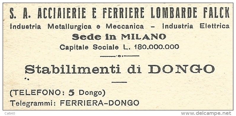 1937 -  NATANTE COLICO - COMO - CARTOLINA PUBBLICITARIA ACCIAIERIE LOMBARDE FALCK - STABILIMENTO DI DONGO PER LECCO - Storia Postale