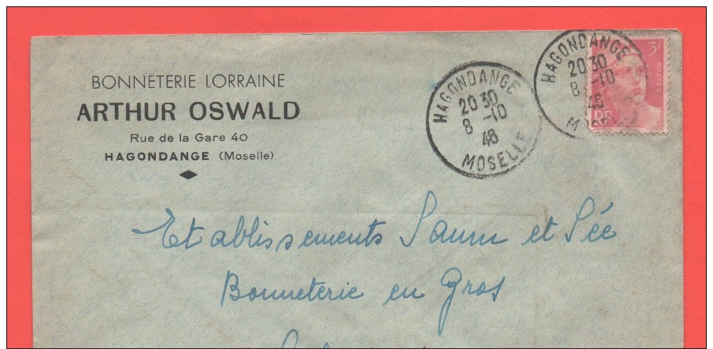 HAGONDANGE 8.10.46  Moselle Entête: Bonneterie Lorraine Arthur Oswald - Altri & Non Classificati