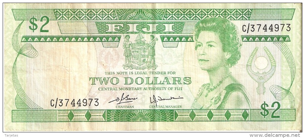 BILLETE DE FIJI DE 2 DOLLARS DEL AÑO 1980    (BANKNOTE) TREN-TRAIN-ZUG - Fidji