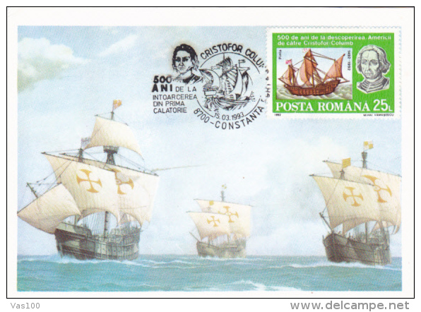 CHRISTOPHOR COLUMBUS, EXPLORER, SHIPS, CM, MAXICARD, CARTES MAXIMUM, 1993, ROMANIA - Cristóbal Colón