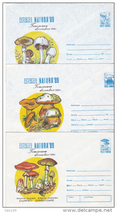 MUSHROOMS, COVER STATIONERY, ENTIER POSTAL, 3X, 1989, ROMANIA - Mushrooms