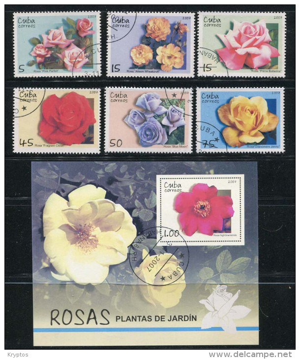 Cuba 2007 - Roses - Comp. Set Of 6 Stamps & 1 Block - Usados