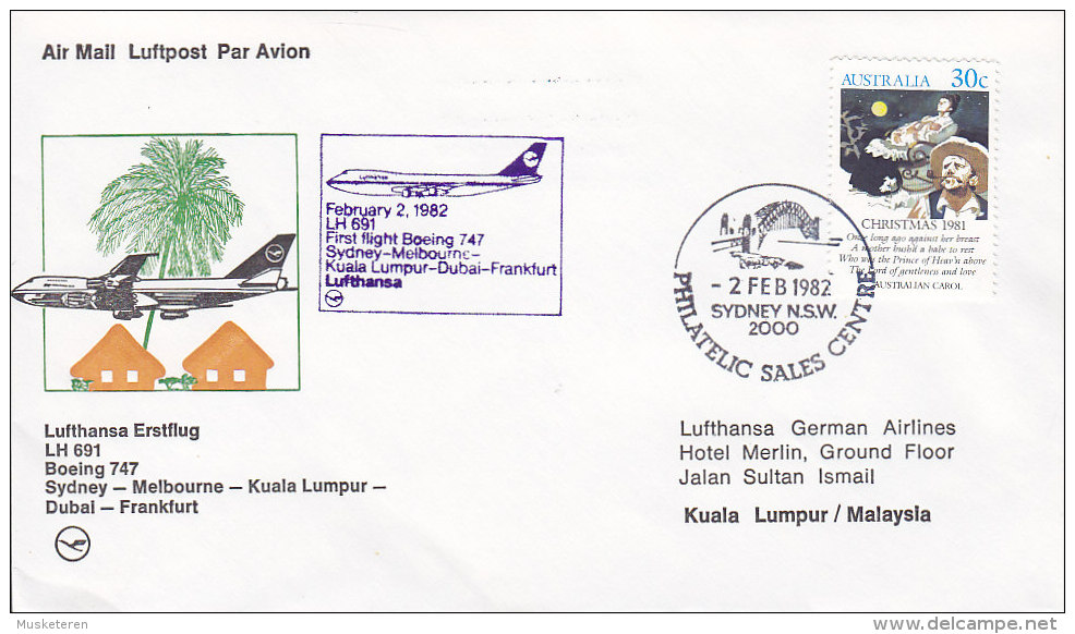 Australia Airmail Lufthansa Erstflug 1st Flight 1982 Cover SYDNEY - MELBOURNE - KUALA LUMPUR - DUBAI - FRANKFURT - Brieven En Documenten