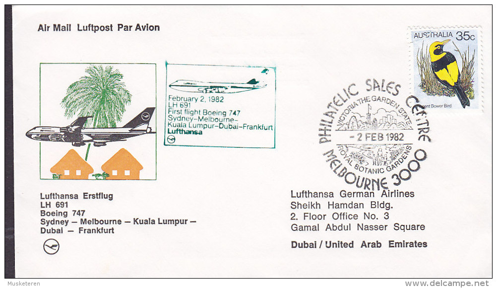 Australia Airmail Lufthansa Erstflug 1st Flight 1982 Cover SYDNEY - MELBOURNE - KUALA LUMPUR - DUBAI - FRANKFURT Bird - Brieven En Documenten