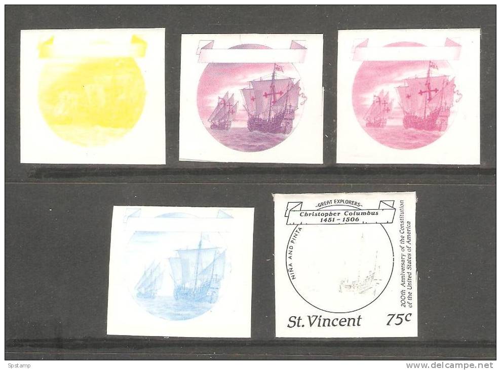 St Vincent 1988 Columbus US Bicentennial 75c Boat Nina & Pinta 5 Imperforate Colour Trial Plate Proofs - St.Vincent (1979-...)