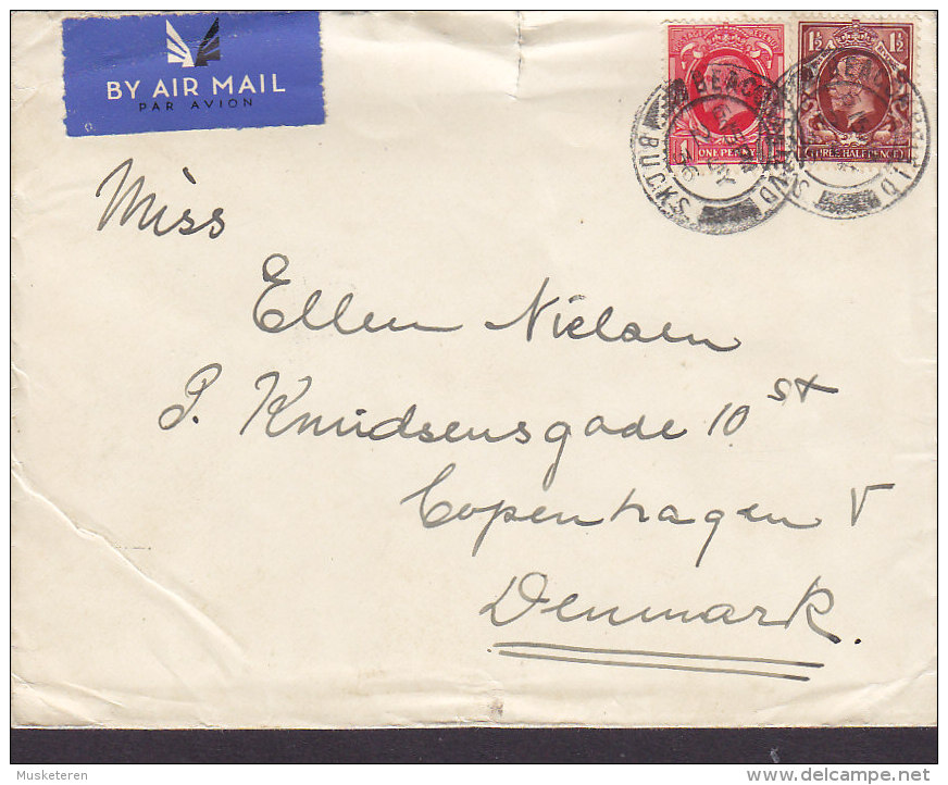 Great Britain By Airmail Par Avion Label BEACONSFILELD Bucks. 1935 Cover To Denmark George V. Stamps (2 Scans) - Storia Postale