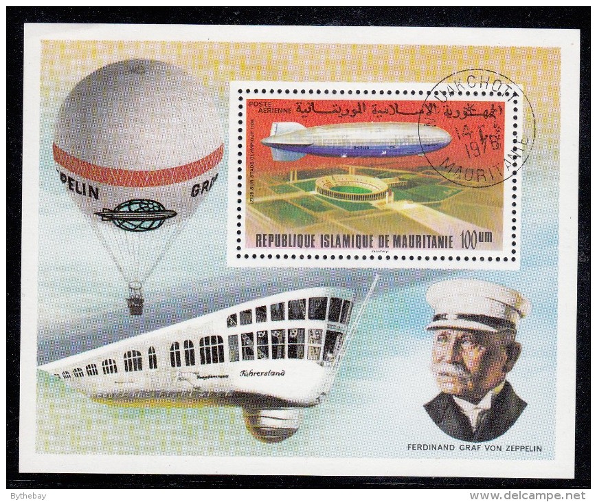 Mauritania Used Scott #C169 Souvenir Sheet 100um 'Fuhrersland' Zeppelin Over 1936 Olympic Stadium - Mauritanie (1960-...)