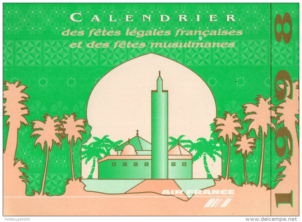 AIR FRANCE  CALENDRIER   Fetes Légales Françaises Et Musulmanes  1998 - Artículos De Papelería
