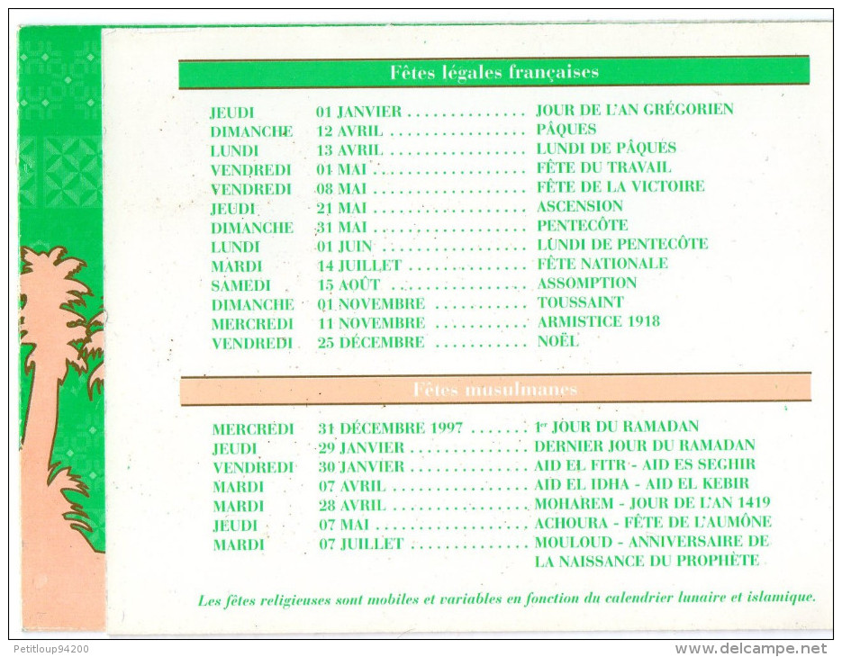 AIR FRANCE  CALENDRIER   Fetes Légales Françaises Et Musulmanes  1998 - Stationery