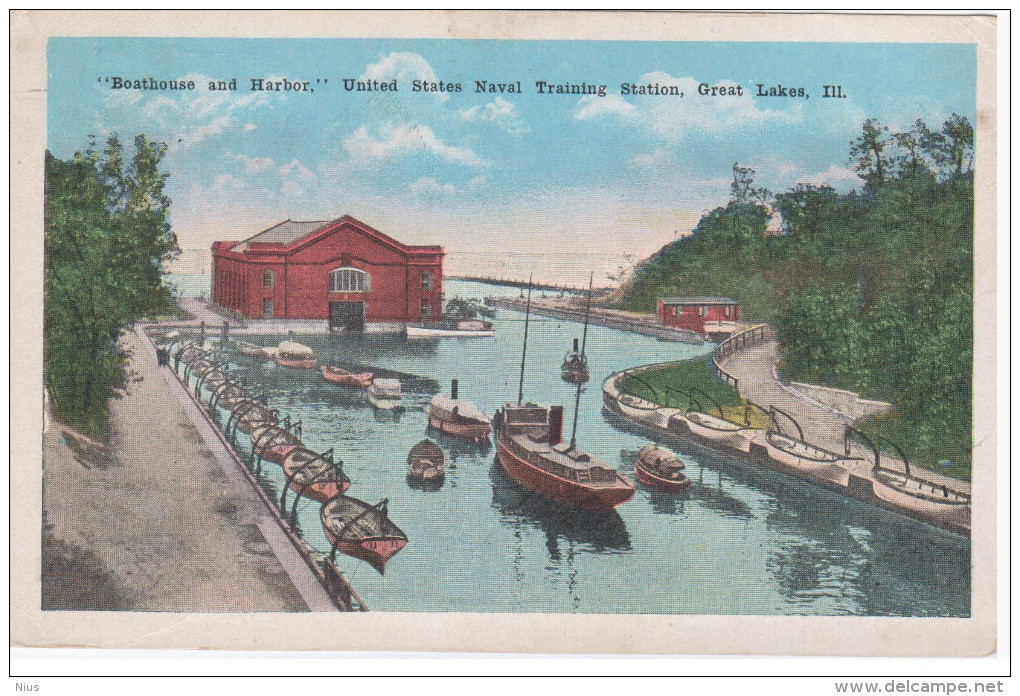 United States, USA, Naval Training Station, Great Lakes, "Boathouse And Harbor". Illinois - Waukegan