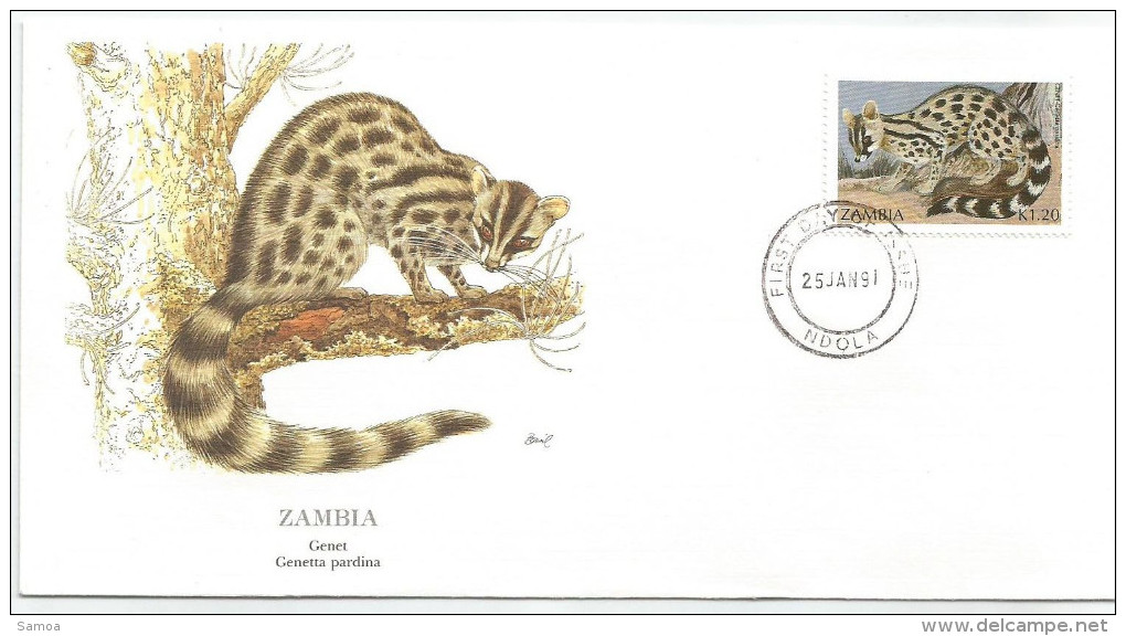 Zambie 1991 522 FDC - Genette - Dessin Basil Smith - Zambie (1965-...)