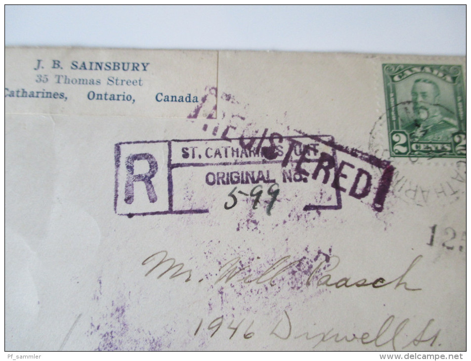 Kanada 1929 Registered Letter From St. Catharines Ont. Original No. 599 To USA Mit 13 Abstempelungen! - Lettres & Documents