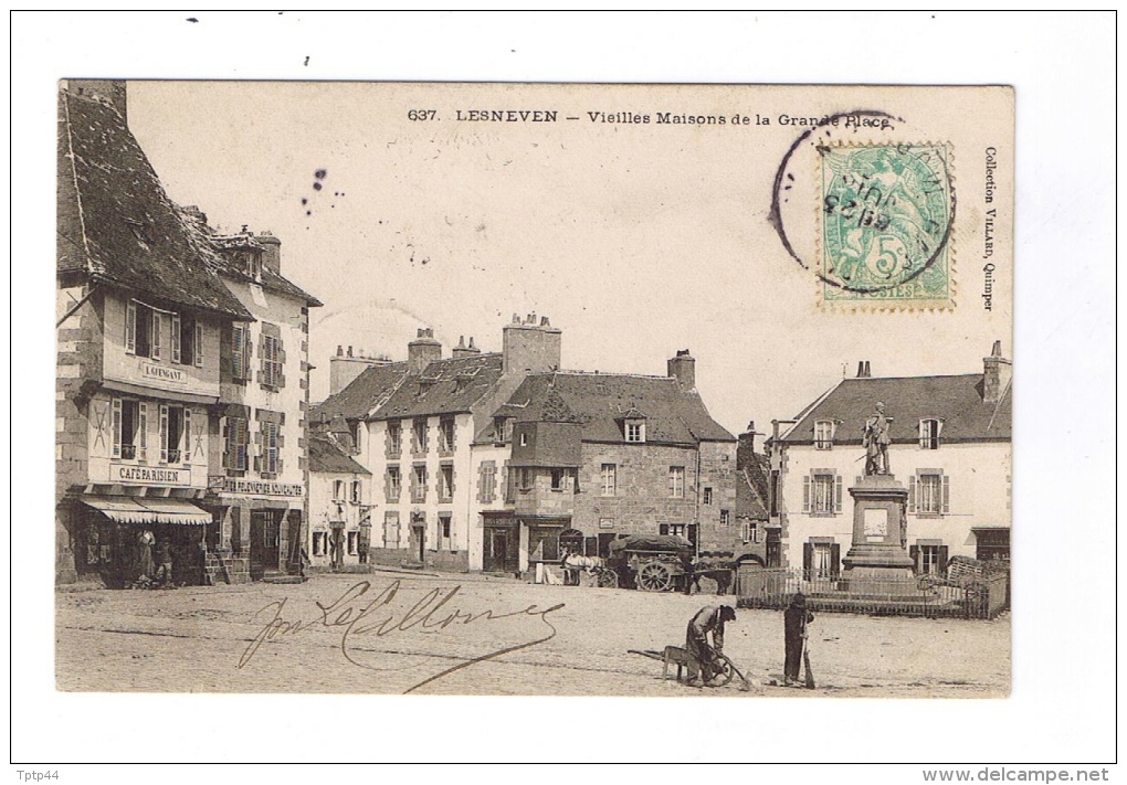 LESNEVEN  -  Vieilles Maisons De La Grande Place - Attelage - Statue - Cantonniers - Lesneven