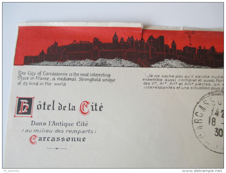 Frankreich 1930 Carcassone - Los Angeles. Zierumschlag: Hotel De La Cite - Storia Postale