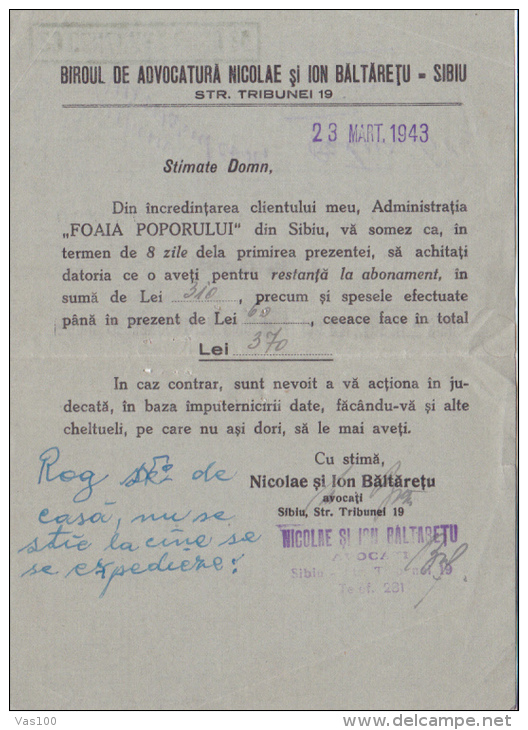 KING MICHAEL STAMP ON ATTORNEY OFFICE HEADER POSTCARD, CENSORED SIBIU NR 20, 1943, ROMANIA - Lettres 2ème Guerre Mondiale