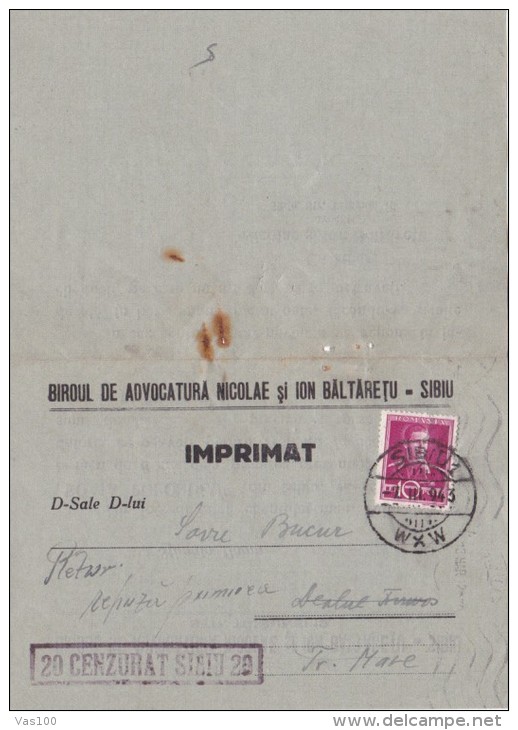 KING MICHAEL STAMP ON ATTORNEY OFFICE HEADER POSTCARD, CENSORED SIBIU NR 20, 1943, ROMANIA - Lettres 2ème Guerre Mondiale