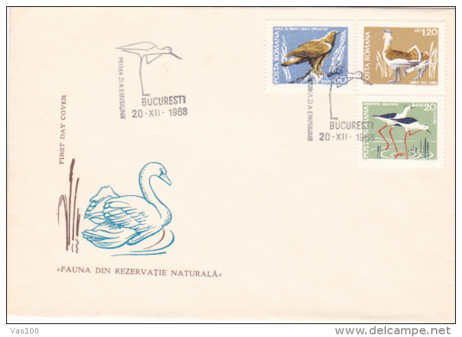 BIRDS, SWAN, EAGLE, BUSTARD, STILT, COVER FDC, 1968, ROMANIA - Cygnes