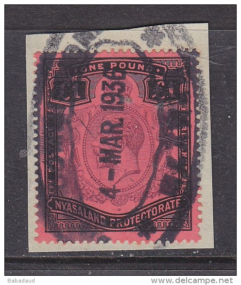 NYASALAND GEORGE V, 1913,  &pound;1, 1936 Fiscal Use On Fragment - Nyassaland (1907-1953)