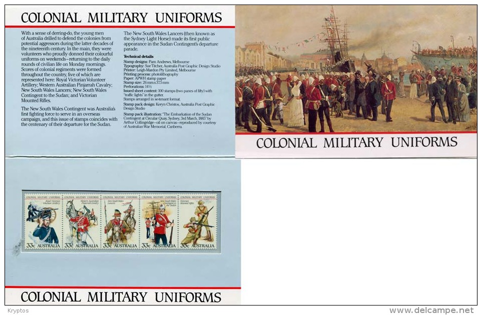 Australia 1985 - Presentation Pack: Colonial Uniforms - Joined Strip Of 5 - Presentation Packs