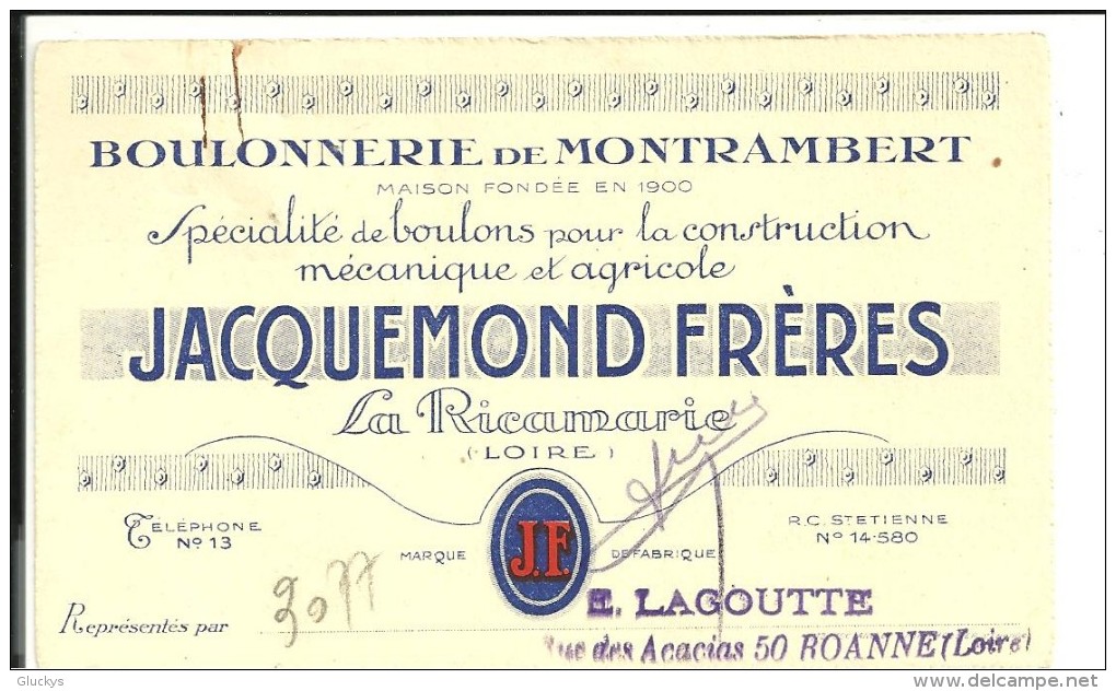 42 La Ricamarie Jacquemond Spécialité De Boulons Carte Commerciale - Sonstige & Ohne Zuordnung