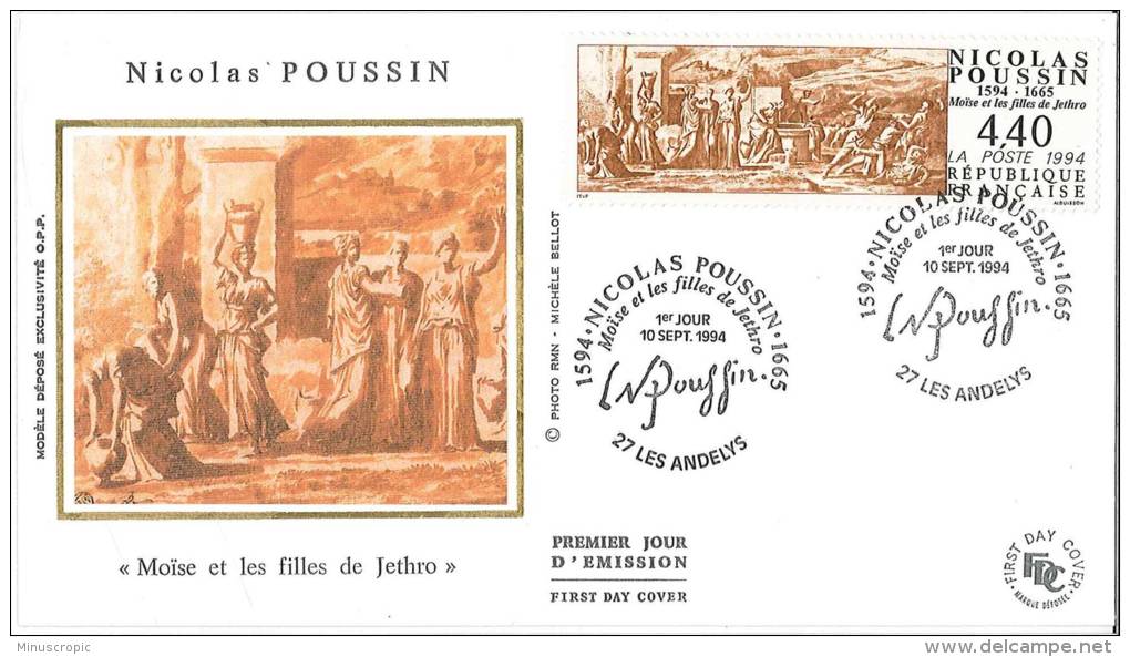 Enveloppe FDC Soie - Nicolas Poussin - Moise Et Les Filles De Jethro - Les Andelys - 1994 - 1990-1999