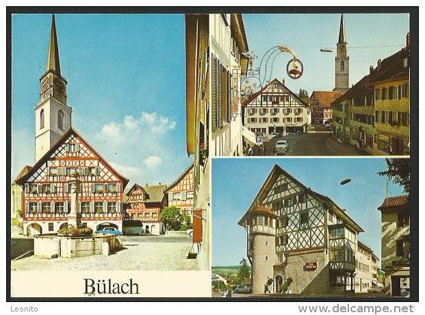 BÜLACH Mehrbilder-Karte Rathaus Ref. Kirche Metzgerei Surber Hotel GOLDENER KOPF 1979 - Bülach